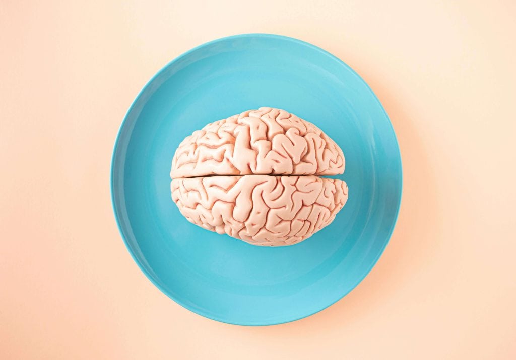 A realistic model of a human brain is placed on a bright blue plate, set against a soft peach-colored background, symbolizing cognitive function and memory. bad memory adhd